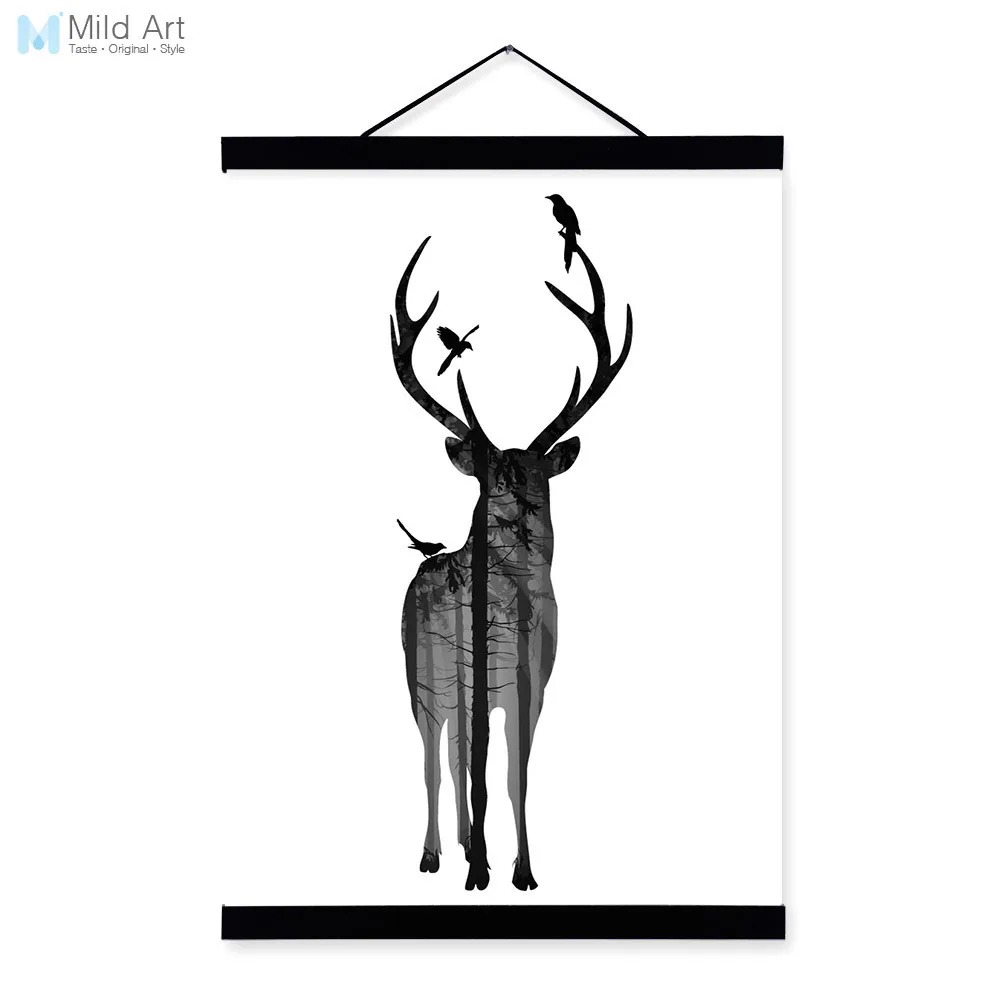 Buy Deer Bird Black White Nordic Minimalist Animal Silhouette Wood Framed