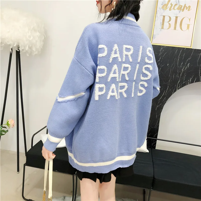 

Autumn Warm Women Sweater Coat Letters torn Pocket Blue Women Sweater cardigan thicker Korean Female knitted sweater Outer