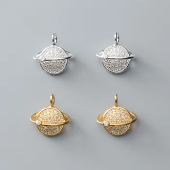 

925 Sterling Silver Micro Paved Zircon Planet Charms 13mm Small Fancy Plated Gold Dangle Pendants DIY Jewelry Earring Materials