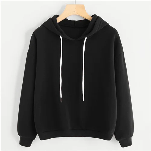 SweatyRocks Черный Повседневный с заниженным плечом на шнурке худи с отделкой с длинным рукавом однотонные топы на завязках осенние женские толстовки - Цвет: Черный