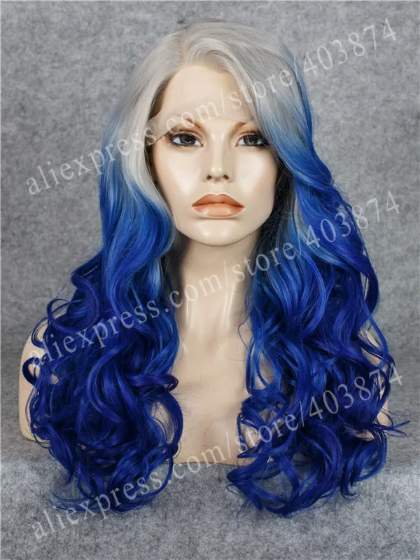 

N29-T4503/3500 Gray Ombre Deep Blue Color Long Body Wavy Texture Synthetic Lace Front Wig Best sale Heat Resistant Wig