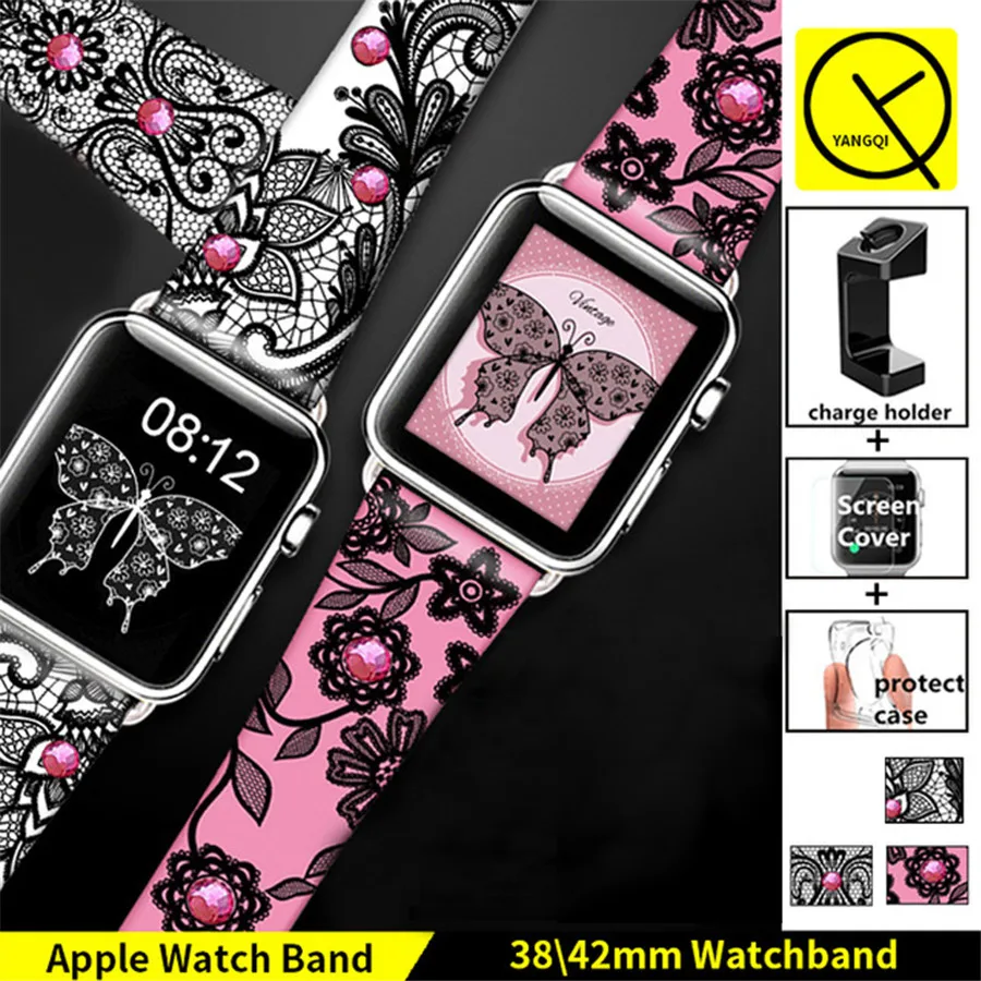 

Black Lace with Diamond Style Painting Style Watchband for Apple Watch Series1/2 Watchstrap for 38mm 42mm Bracelet+Adapter+Gifts