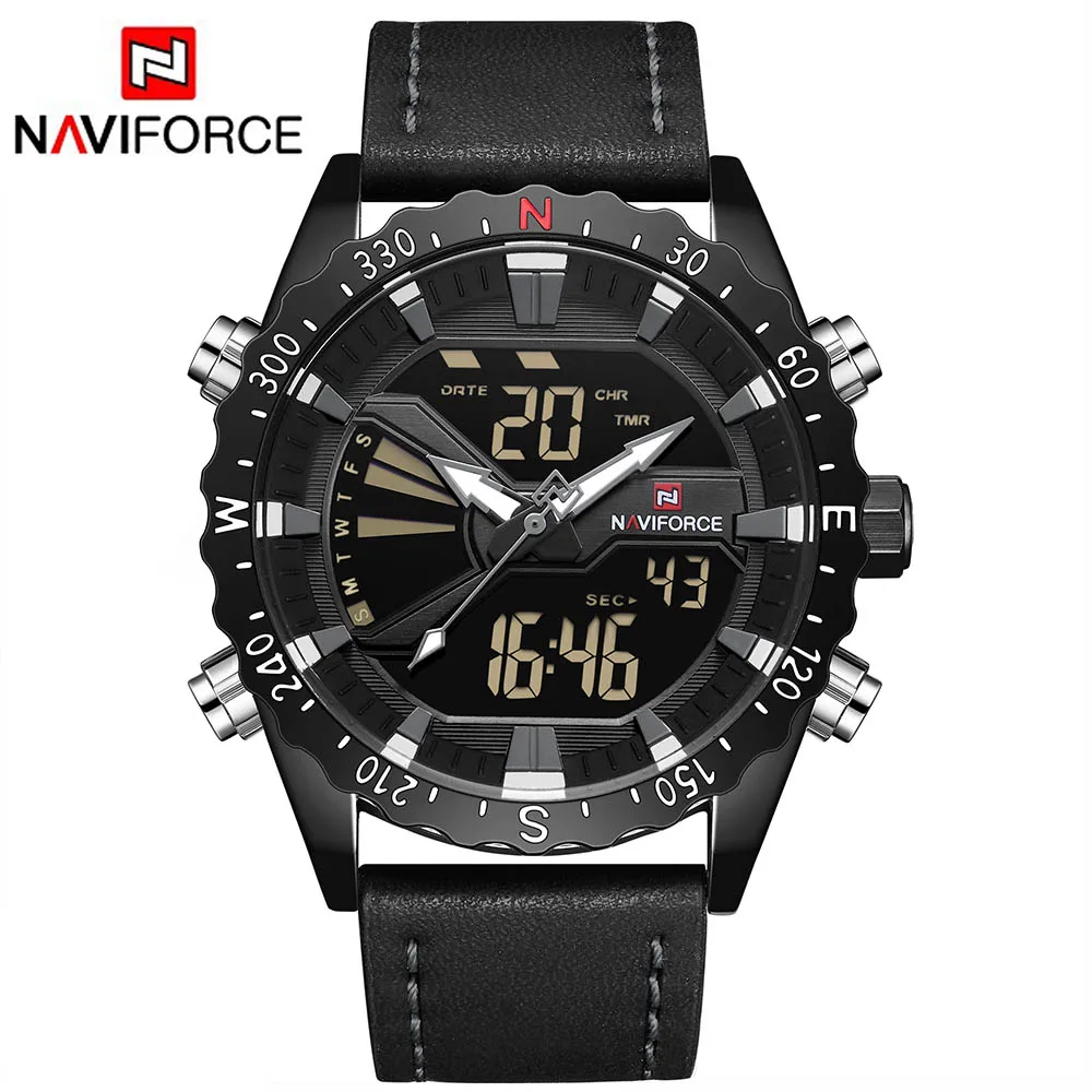 

NAVIFORCE Leather Band Mens Sport Watch Men Analog Digital LED Watches Dual Time Clock Waterproof Wristwatches Relogio Masculino