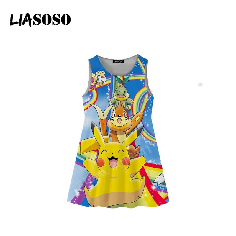 LIASOSO/новое летнее детское платье Пикачу с 3D-принтом для подростков, платье Пикачу без рукавов для мальчиков и девочек, плиссированный топ на бретелях, костюм с юбкой, B117