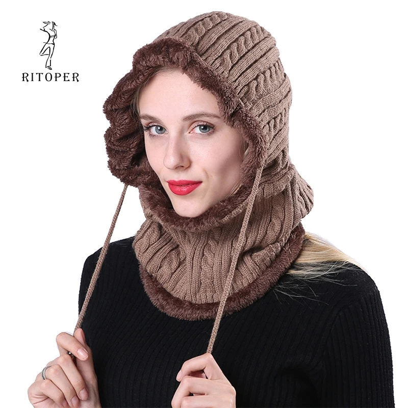 

RITOPER Winter Knitted Hat Beanie Men Scarf Skullies Beanies Velvet Hats For Women Men Caps Gorras Bonnet Mask Brand Hats Thick