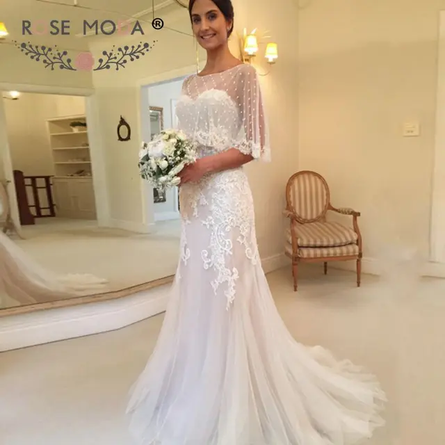 Removable Thin Straps Lace Sheath Wedding Dress With Cape Ivory Over Removable Thin Straps Lace Sheath Wedding Dress With Cape Ivory Over Champagne Ed Destination Dresses