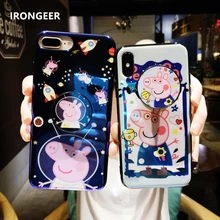 

IRONGEER For IPhone X 6 6S 7 8 Plus Cute Pink Panther Doraemon Blue Ray Phone Case with Holder Ring Air Bag Multifunction Stand