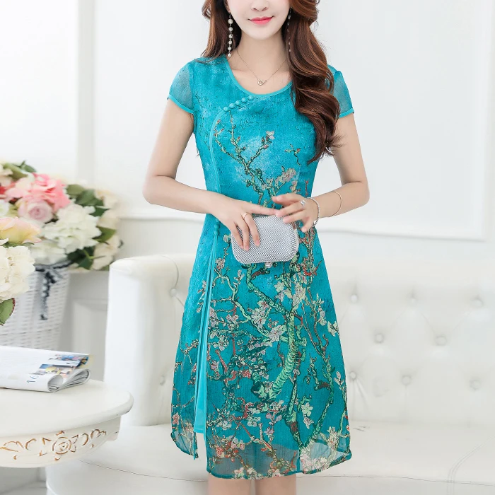 

2018 summer women's improved cheongsam silk retro print silk dress was thin big yards mother dress