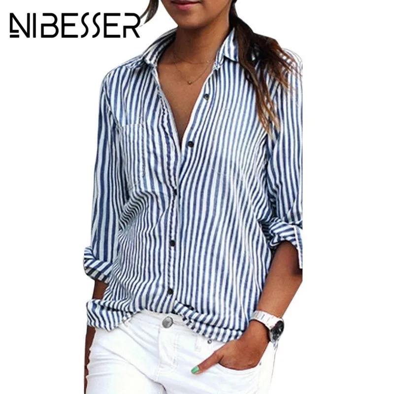 NIBESSER 2018 Women Striped Shirts spring Korean style Long Sleeve Female Clothes Casual blue Blouse Shirts blusa top plus size