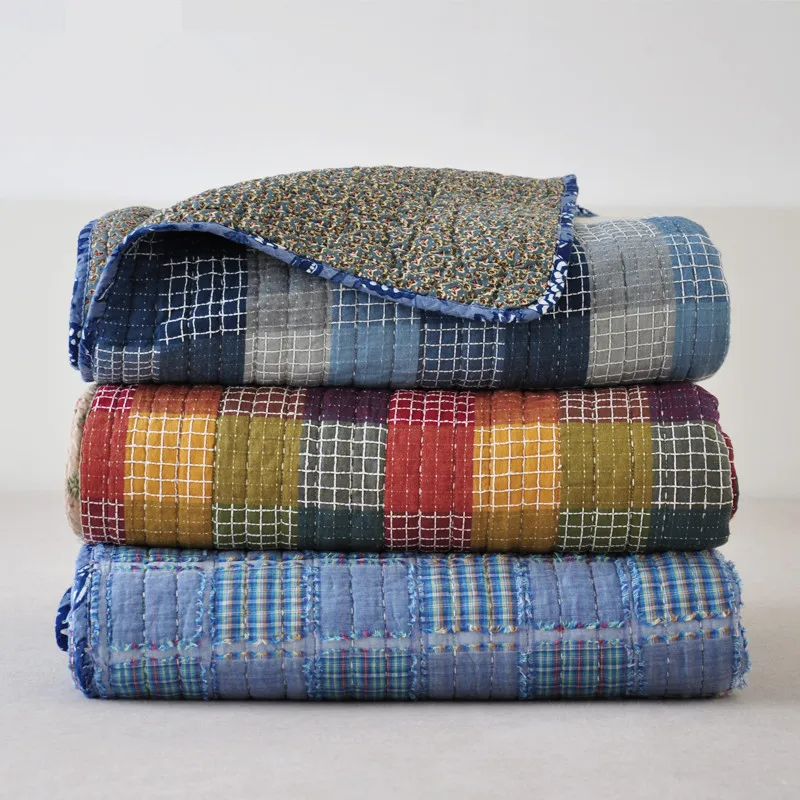 

100% cotton Autumn patchwork quilts 180*200cm bedspread sofa cover American style blankets Machine washable blue summer cover