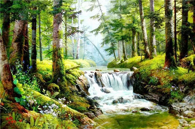 New 3d Diy Diamond Painting Landscape Animated Waterfall Pictures Forest Painting Wall Decor