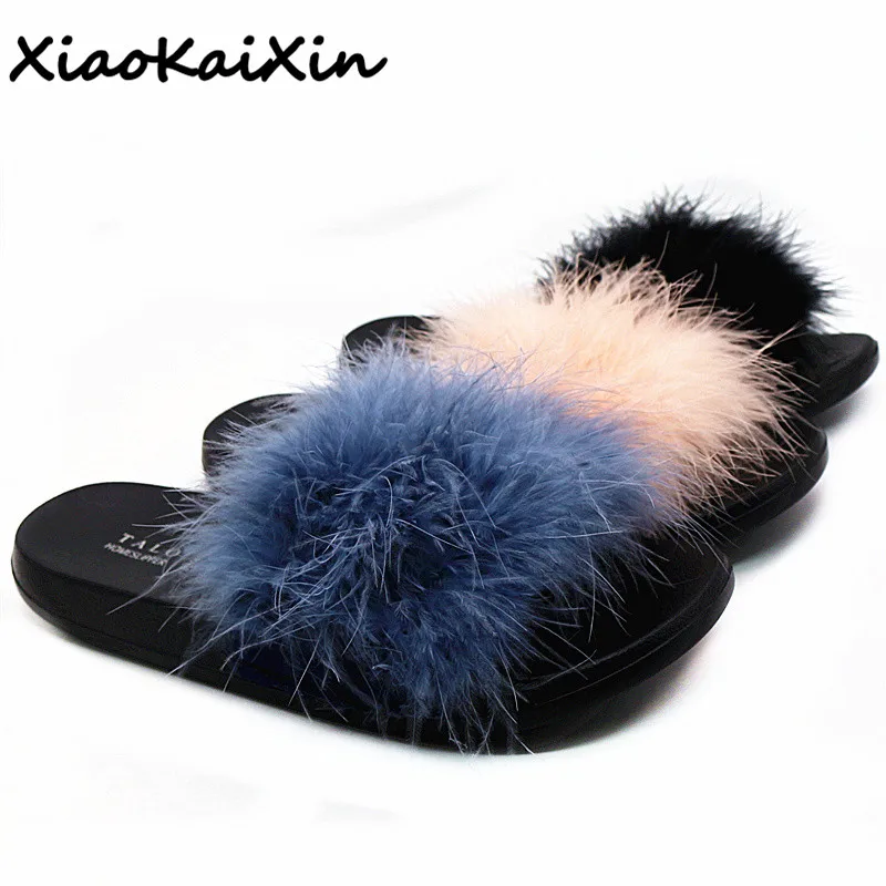 

Fashion Real Fur Slippers Slides 2019 Summer Elegant Crane Hair Women's Slippers Ladies Casual Indoor&Outdoor Slip Sandals Girls