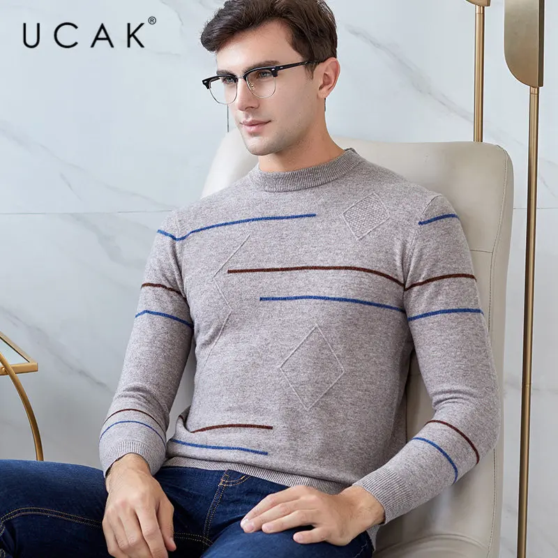 UCAK Brand Merino Woolen Sweater Men Streetwear Fashion Striped O-Neck Pull Homme Autumn Winter Warm Cashmere Pullover Men U3039 UCAK Brand Merino Woolen Sweater Men Streetwear Fashion Striped O-Neck Pull Homme Autumn Winter Warm Cashmere Pullover Men U3039