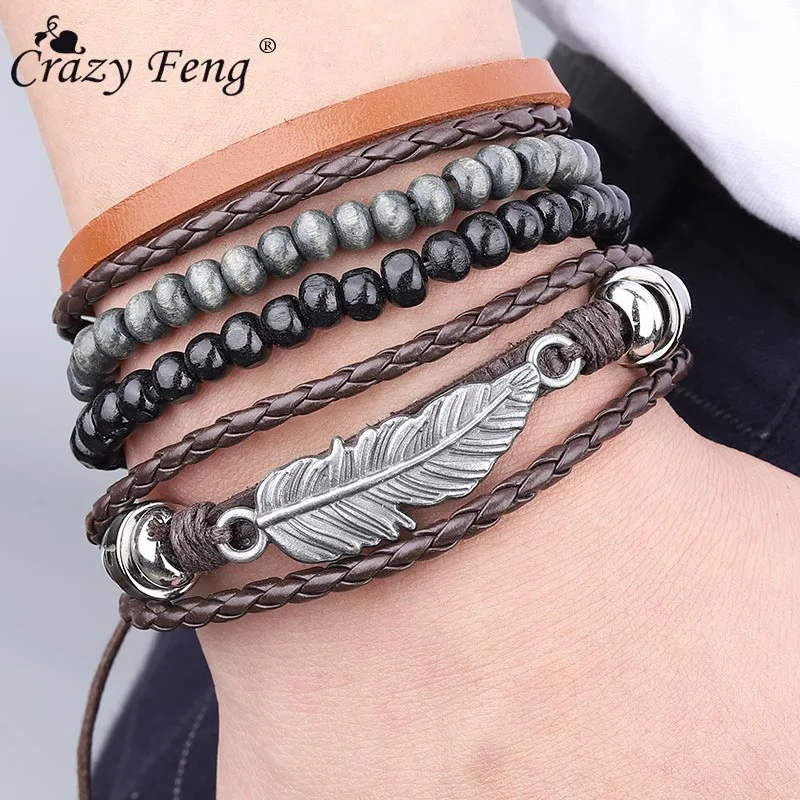 

Crazy Feng Multilayer Mens Bracelet Casual Fashion Braided Leather Bracelets For Women Wood Bead Bracelet Punk Feathr Jewelr