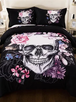 

Skull and Floral Duvet Cover Set 3pcs Gothic Bedclothes Flowers Printed Bedding Set Pink And Black Bed Cover
