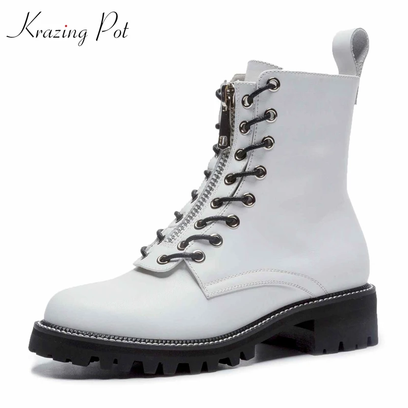 

Krazing Pot 2019 cow suede streetwear platform lace up boots square heels superstar round toe wholesale women mid-calf boots L15