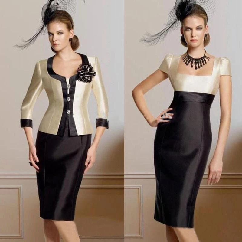 

Cap Sleeves Mother Of The Bride Dresses Sheath Knee Length Black Wedding Party Dress Mother Dresses For Wedding With Jacket