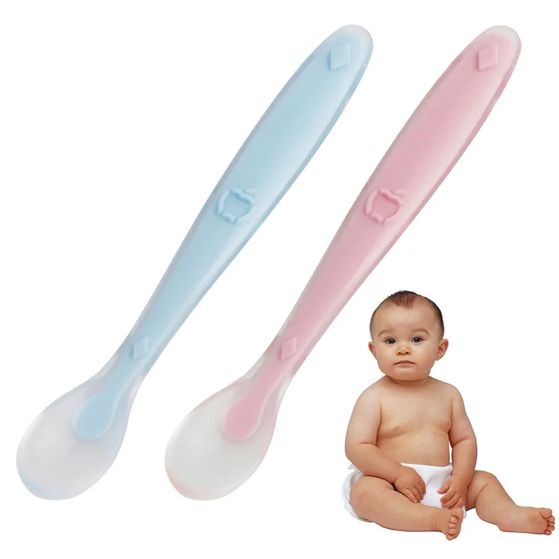 Silicone souple bébé cuillère alimentation cuillère belle couverts vaisselle cadeaux pour enfants bleu/rose