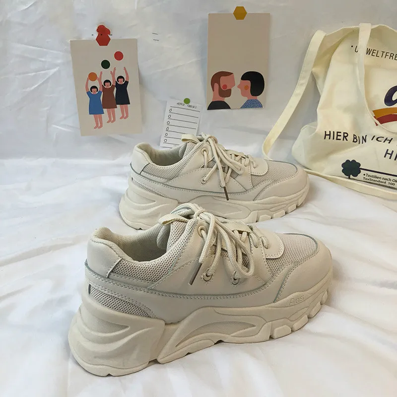 

Women Chunky Sneakers 2019 Fashion Women Platform Shoes Lace Up Pink Vulcanize Shoes Womens Female Trainers Big sneake QQ-195