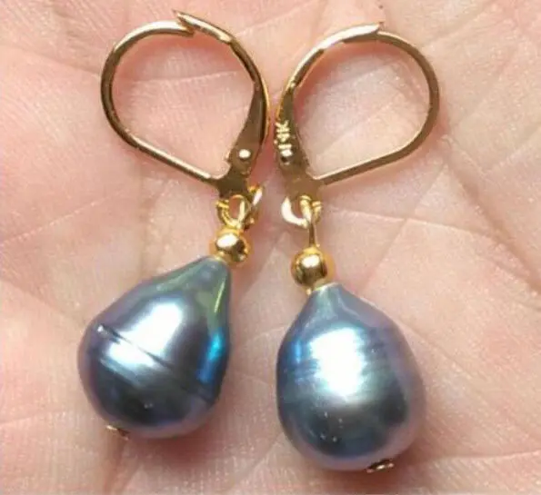 

HUGE AAA 10-12MM SOUTH SEA BLACK BLUE PEARL DANGLE EARRING 14k/20 YELLOW GOLD !