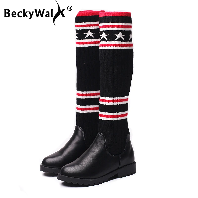 

BeckyWalk New Kids Girls Boots Winter Princess Girls Shoes Children Over The Knee Boots Fashion Knitting High Boots CSH660