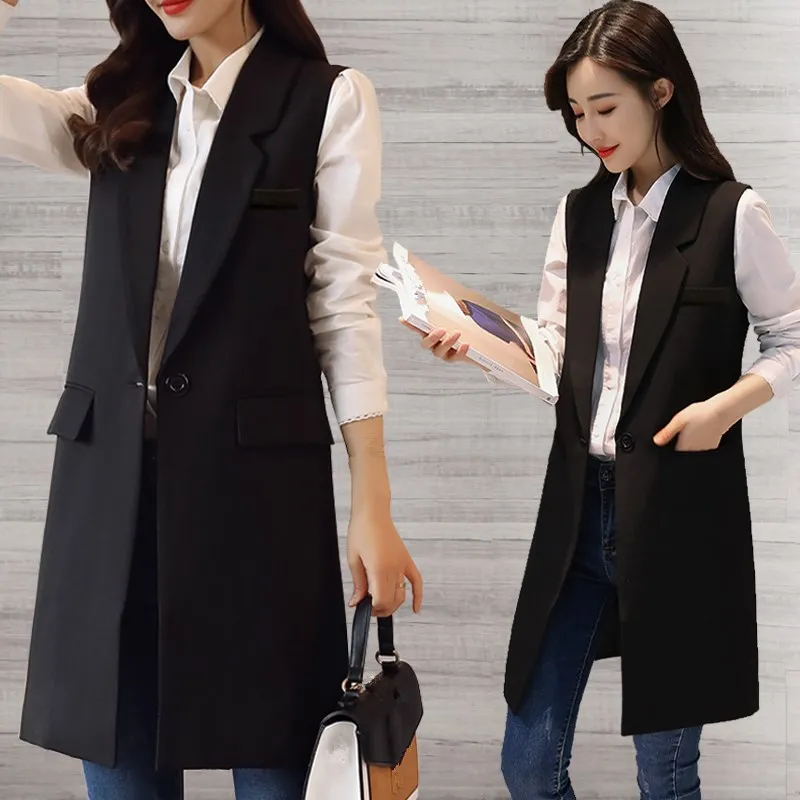 British Style Slim Sleeveless Vest Women Large Size Suits Vest Casual Autumn Vest Black Long Jacket