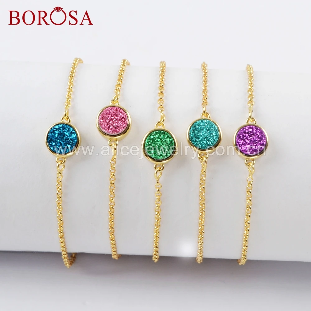 

BOROSA Design 5/10PCS Round Titanium Rainbow Druzy 8.5mm Gold Bezel 9inch Adjustable Bracelet Jewelry Drusy Bangles ZG0368