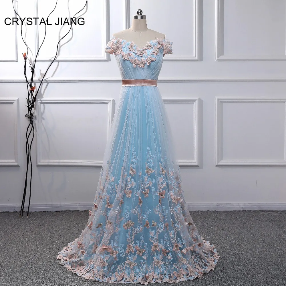 

CRYSTAL JIANG Gorgeous A Line Evening Dress 2019 Sweetheart Off the Shoulder Butterfly Lace Applique Formal Long Evening Gown