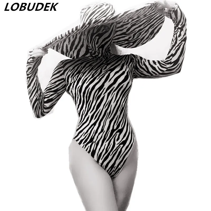 

Women Black White Zebra Stripes Bodysuit Big Hat Set Nightclub Women Dance Teams Performance Clothes Modern Dance Stage Costume