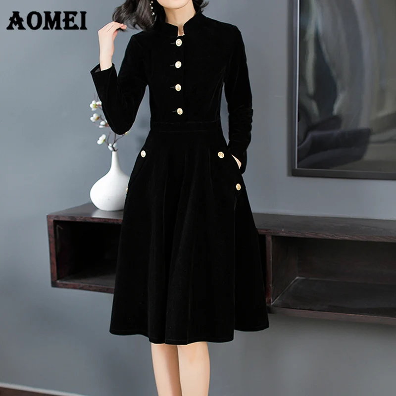 

Autumn Dress Long Sleeve Velvet Black Buttons Up with Pockets Ladies Robes Elegant Feminino Femme Girls Fashion Vintage Vestidos