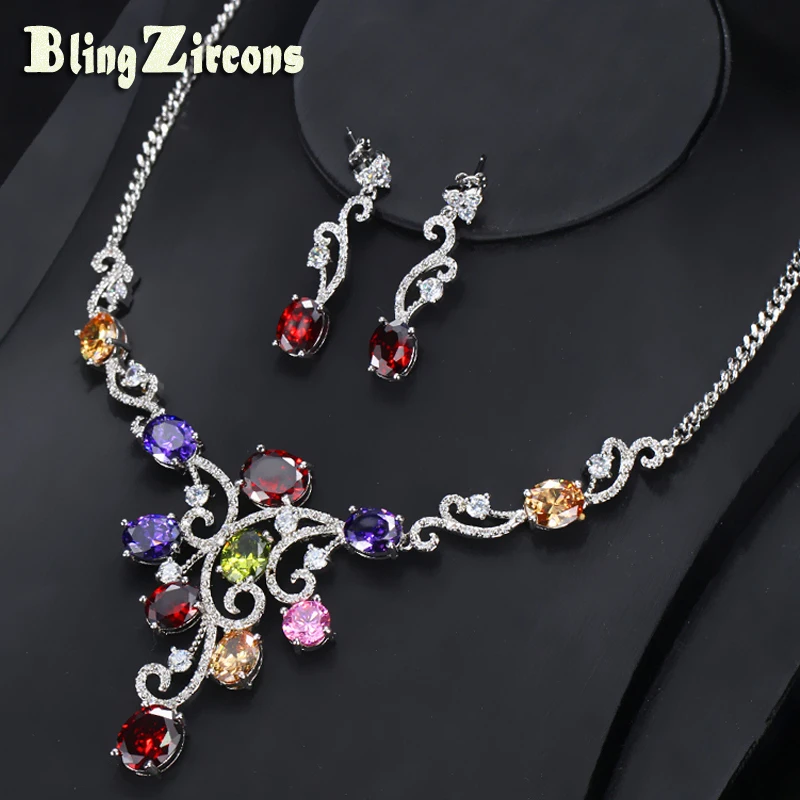 

BlingZircons Nigerian Multicolour Red Purple Pink CZ Stone Bridal Wedding Jewelry Sets With Crystal Necklace Earrings JS102