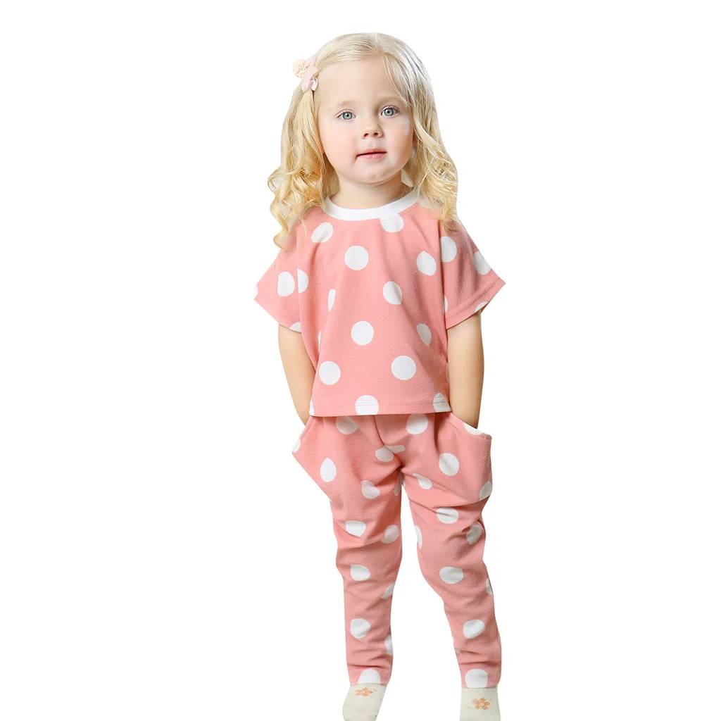 

Kids Girls Clothing Sets Summer New Style Brand Toddler Baby Girl Short Sleeve Dot Print Tops+Pants Pajamas Sleepwear Outfits