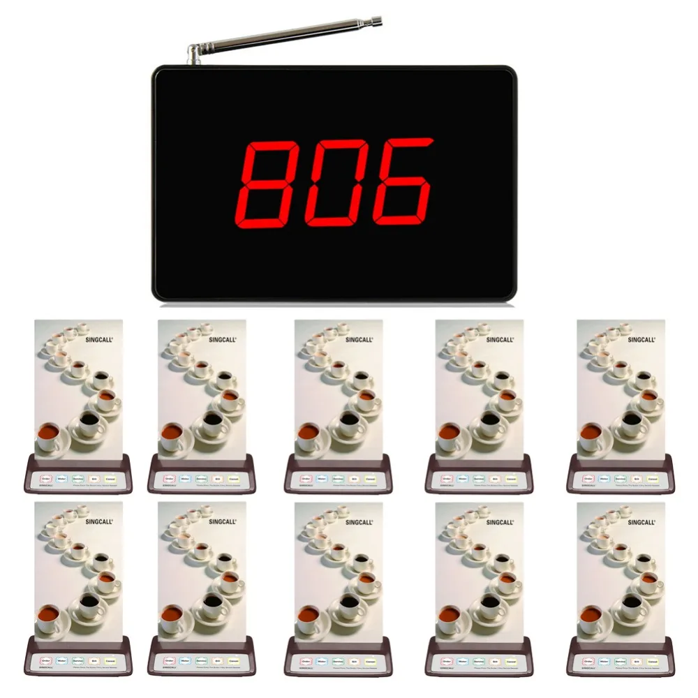 

SINGCALL Wireless call systems technology,1 pcs call system big screen receiver and 10 pagers, coffee button with 5 keys