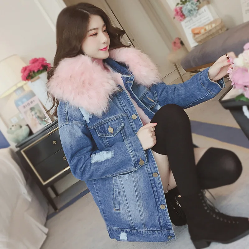 2018 Thick Blue Denim Jacket Ladies Windbreaker Female Winter Basic Women Spring Autumn Bomber Coat With Pink White Grey Fur