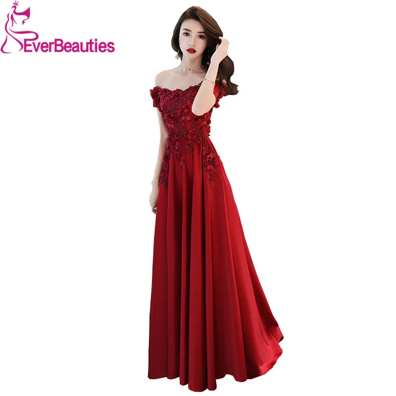 

Sexy Evening Dresses Long Boat Neck Satin Appliques Beading Elegant Evening Gowns Party Gowns Robe De Soiree