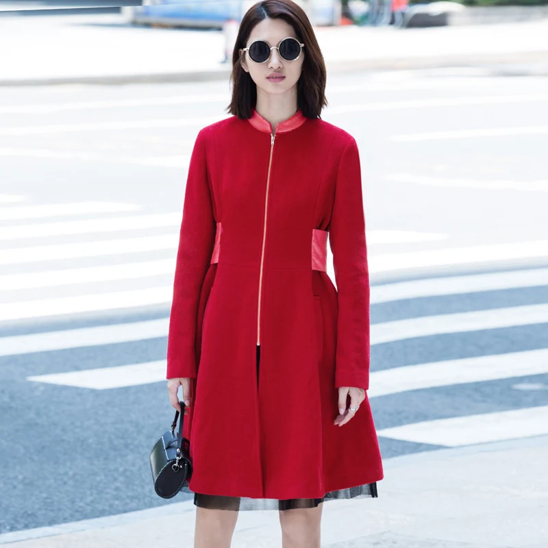 Amii Повседневное минималистский Для женщин шерстяные пальто зима, Пояса на молнии женский шерсть - Цвет: Красный