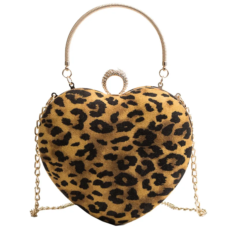 

Luxury Brand Leopard Heart Shaped Velvet Diamond Fashion Ladies Party Evening Bag Clutch Bag Women's Handbag Mini Messenger Bag