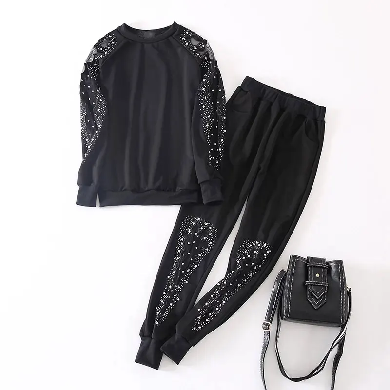 

2019 Autumn New Two Piece Set Women Mesh Pearl Rhinestone Set Threaded Sleeve Plus Size Stretch 2 Pcs Set Women Tracksuit CX14