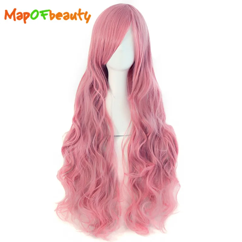 MapofBeauty 80 см длинный волнистый косплей парик имитация челок 29 цветов розовый