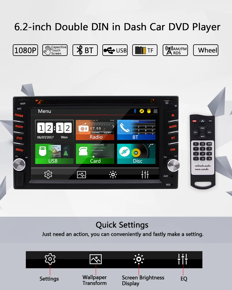 Perfect 2 Din In Dash DVD Player 6.2" HD Touchscreen Stereo FM AM Car Radio Bluetooth Subwoofer + Wireless Camera 2