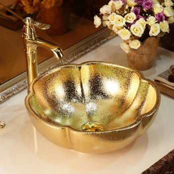 

Jingdezhen European Style Golden Art Ceramic Washbasin Household Creative ceramic Wash basin bathroom sink