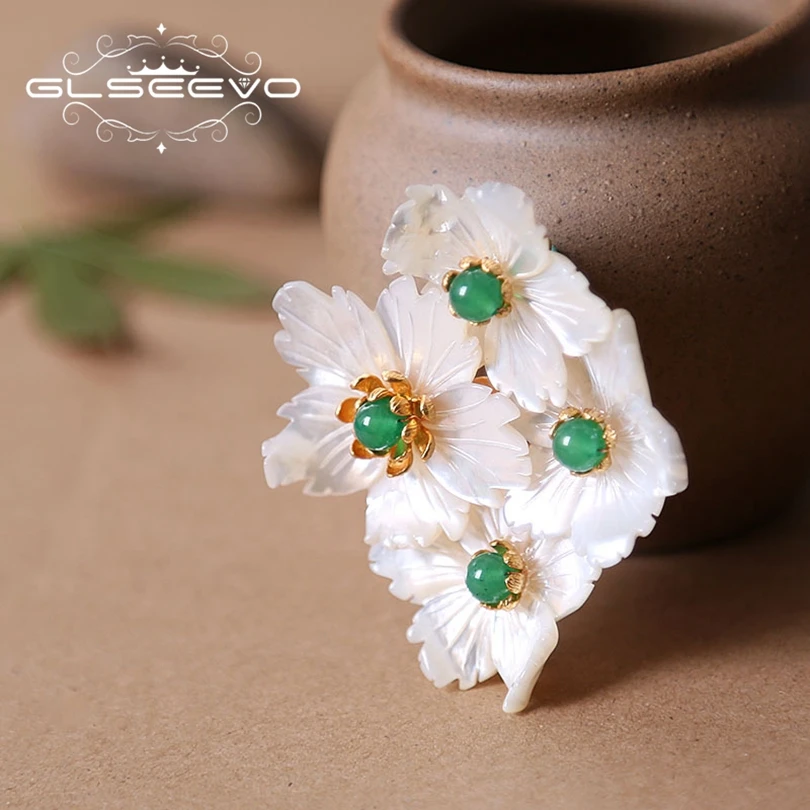 

GLSEEVO Natural Mother Of Pearl Flower Brooch Pin Chrysoprase Brooches For Women Accessories Dual Use Luxury Fine Jewelry GO0177