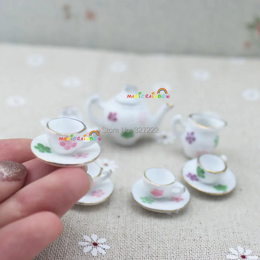 Мини кофейный чайный сервиз фарфоровая тарелка тарелки кастрюли чашка чайный горшок 11 шт красочные цветы узор 1 12 Масштаб Кукольный домик миниатюры