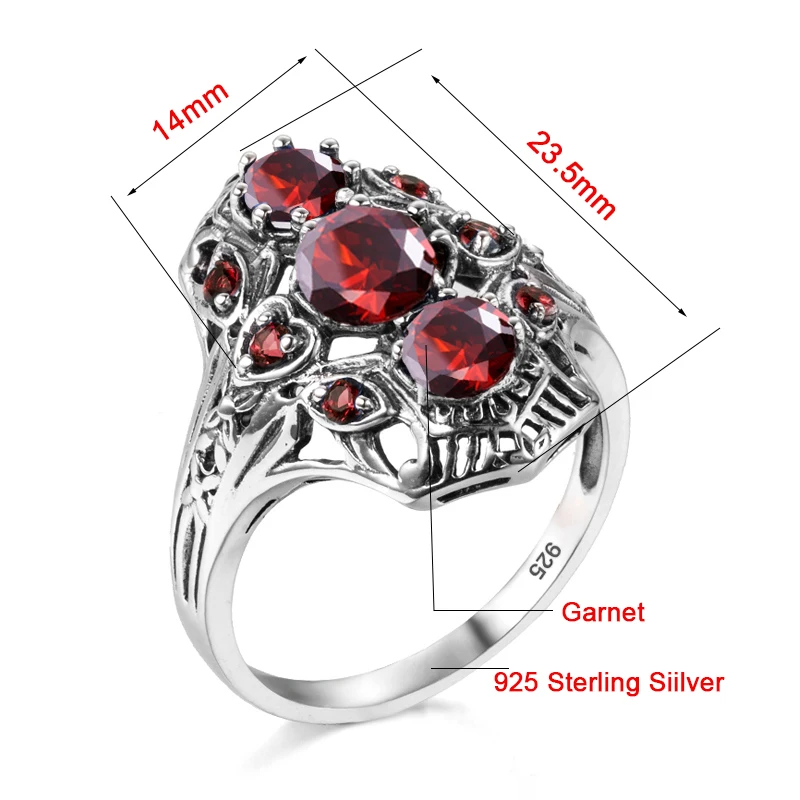 Szjinao Punk Red Stone Soild 925 Sterling Silver Ring Restoring Ancient Female Fashion Garnet Wedding Jewelry Big Order Price