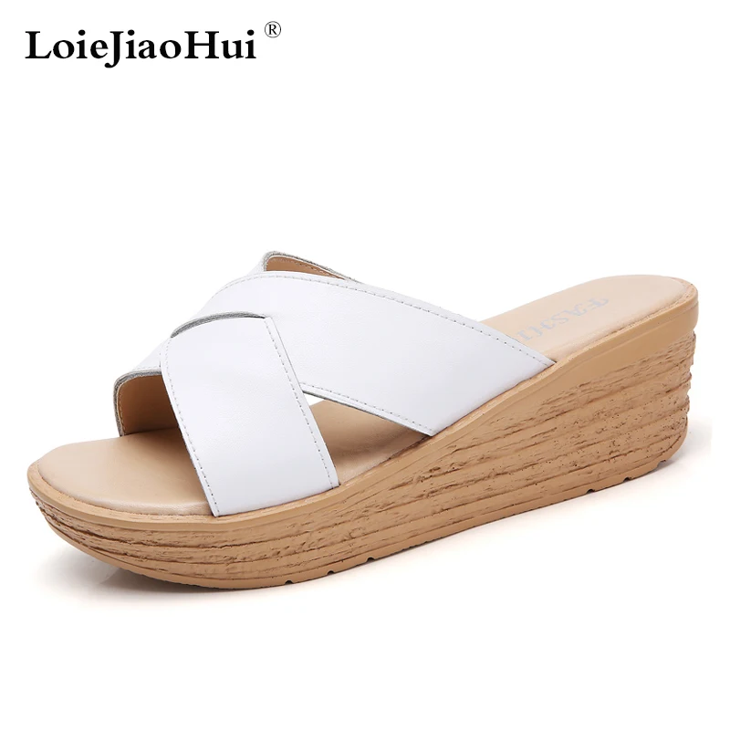 

Summer Women Slippers 2019 New Casual Genuine Leather Wedges Shoes Comfortable Flip-flops Sandalias Ladies Slip-on Roman Sandals