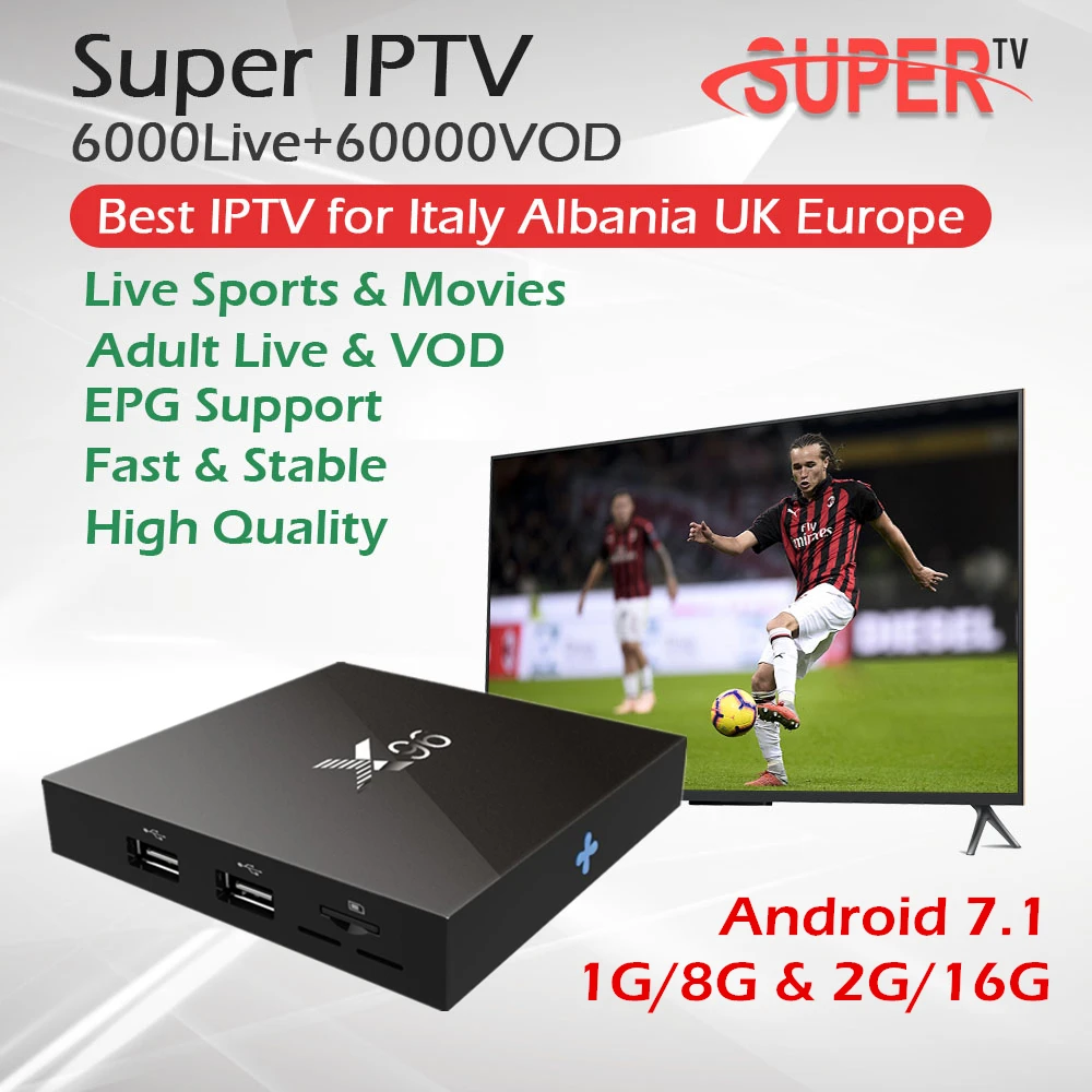 

Super Italy IPTV X96 8G/16G Android 7.1 Smart TV BOX Europe UK Germany Albania IPTV Box 6000Live 60000VOD Hotclub Adult IPTV Box