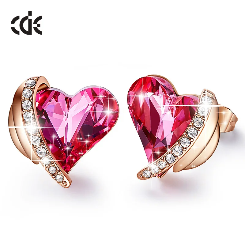 CDE женские золотые ювелирные серьги, украшенные кристаллами, розовые крылья ангела, сердце, серьги-гвоздики, хорошее ювелирное изделие, подарок - Цвет камня: Pink