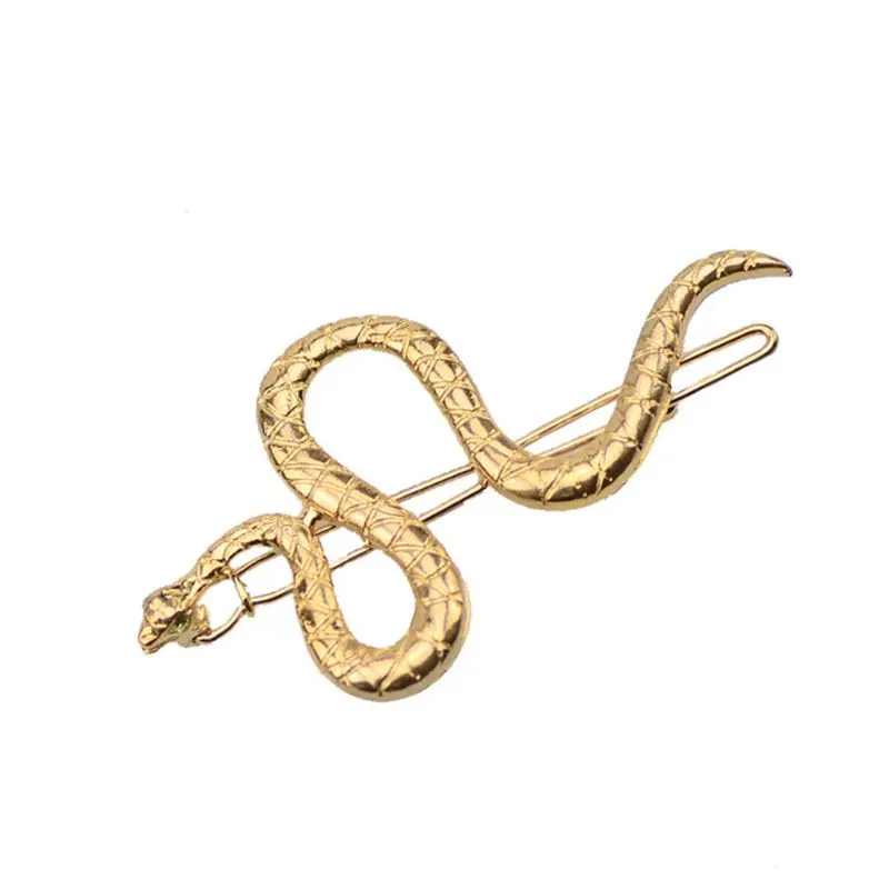 Women Girl Boho Snake Shape Hair Clips Decor Textured Metal Alloy Hairpins Faux Green Crystal Eyes Modern Jewelry Snap Barrettes