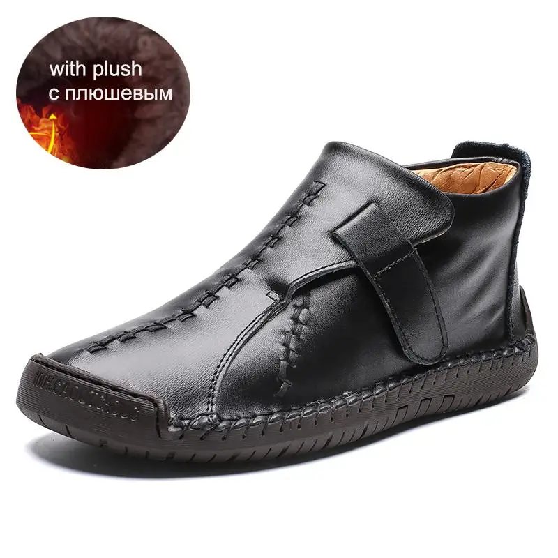 AGSan/мужские кожаные ботильоны плюшевые зимние ботинки на молнии, зимние мужские ботинки, большие размеры теплая обувь черного и коричневого цвета мужские ботинки, размеры 38-48 - Цвет: Black plush 2