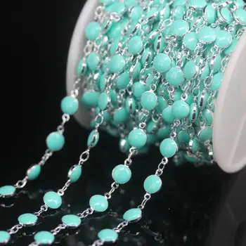 

5Meter/Lot Silver Plated 6mm Sky Blue Lampwork Beaded Rosary Chain,Enamel Glass Flat Coin Bead Chains,Bracelet Necklace Crafts